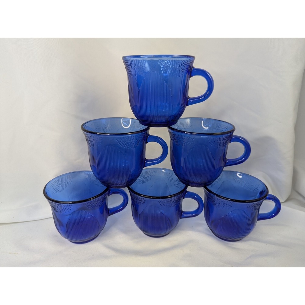 Forte Crisa Mexican Cobalt Blue Glass Coffee Cup Tea Textured Set of 6‎